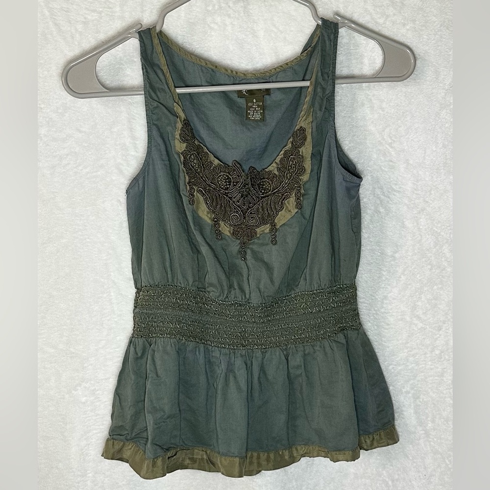 Sage Green Embroidered Peplum Top | Boho Lace Detail | Size 6